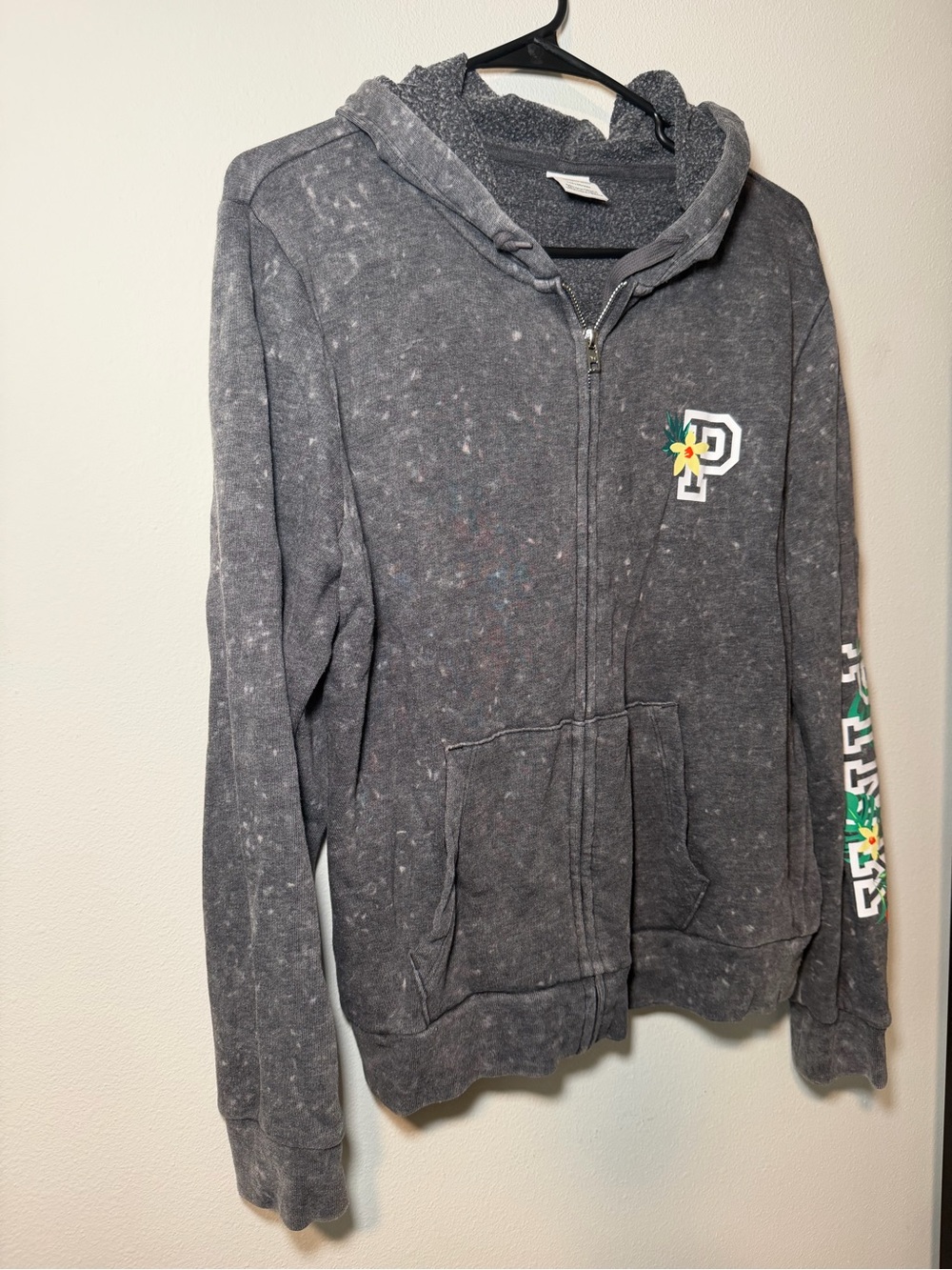 Victorias Secret PINK Gray Full Zip Hoodie Sweater Tropical Hawaiian Flowers - Picture 5 of 7